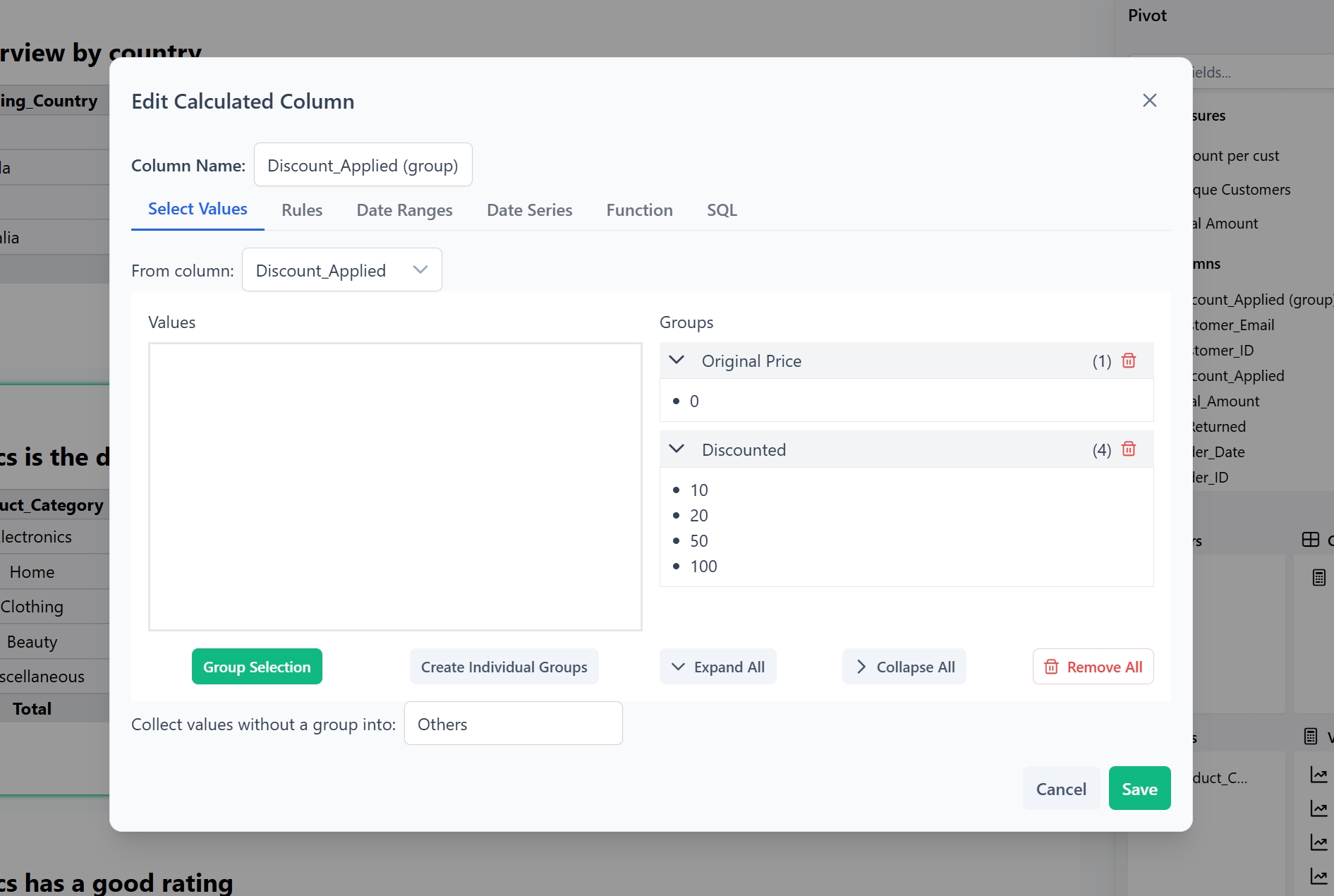 Analysis customization interface with filters and SQL query options